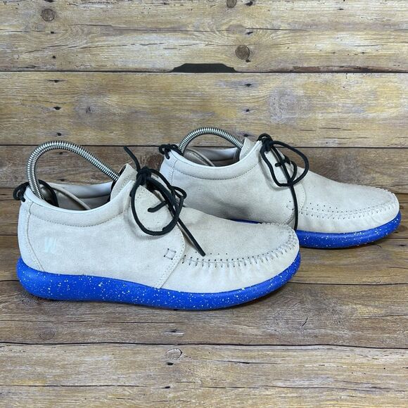 WB Moccasin Size Mens 6 Womens7 Taupe Royal Blue Hemera Fringe 100%Leather Suede - Picture 3 of 16